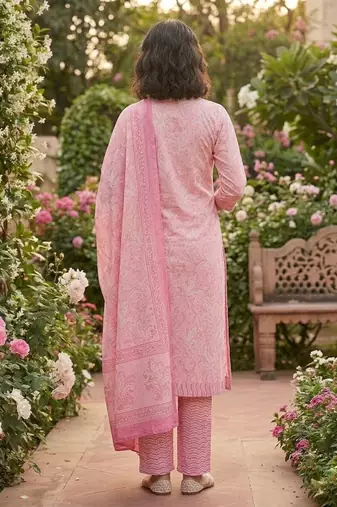 Pink printed cotton blend stitched floral print salwar kurta dupatta for women