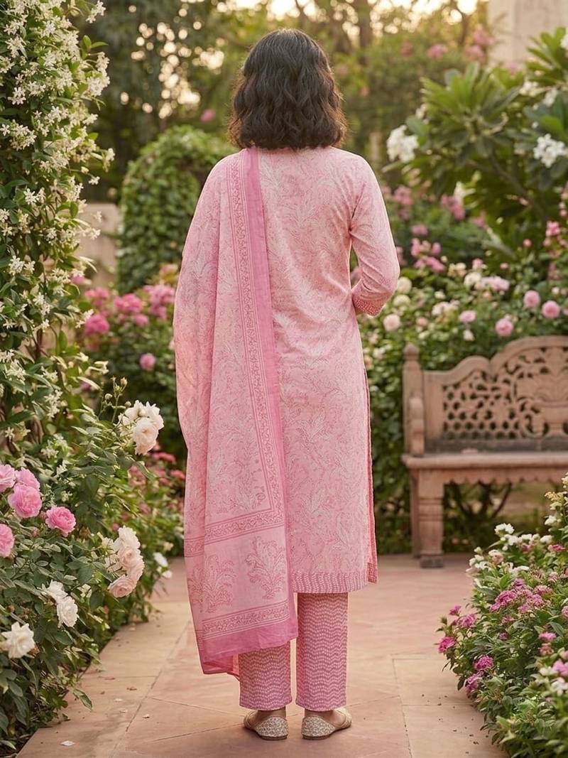 Pink printed cotton blend stitched floral print salwar kurta dupatta for women