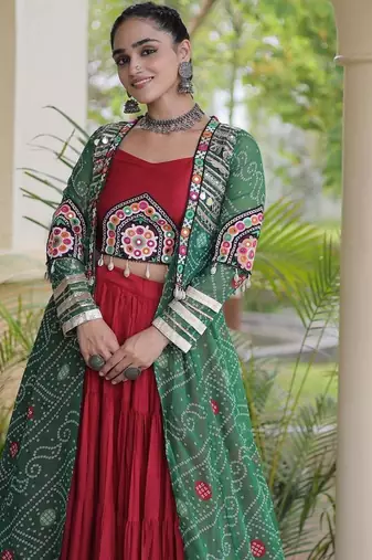 Maroon Rayon Readymade Navratri Lehenga Choli with Kutchi Patchwork
