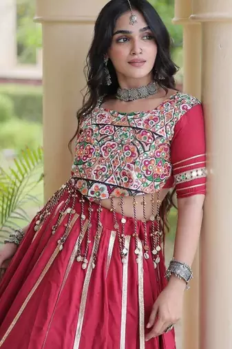 Maroon Rayon Readymade Navratri Lehenga Choli with Mirror & Embroidery Work