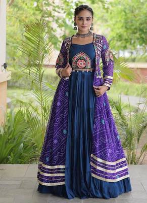 Teal Rayon Readymade Navratri Lehenga Choli with Kutchi Patchwork 1