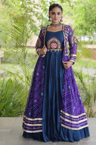 Teal Rayon Readymade Navratri Lehenga Choli with Kutchi Patchwork