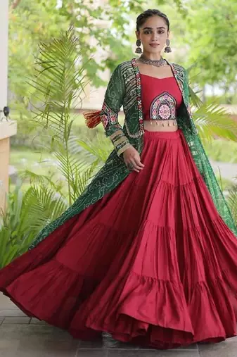 Maroon Rayon Readymade Navratri Lehenga Choli with Kutchi Patchwork