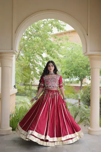 Maroon Rayon Readymade Navratri Lehenga Choli with Mirror & Embroidery Work