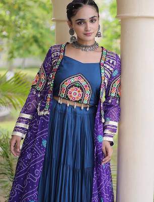 Teal Rayon Readymade Navratri Lehenga Choli with Kutchi Patchwork 2