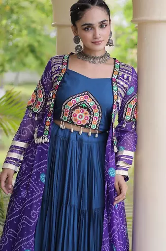 Teal Rayon Readymade Navratri Lehenga Choli with Kutchi Patchwork