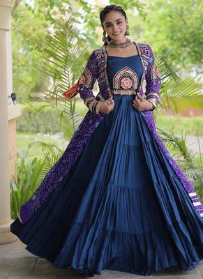 Teal Rayon Readymade Navratri Lehenga Choli with Kutchi Patchwork 3