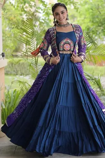 Teal Rayon Readymade Navratri Lehenga Choli with Kutchi Patchwork