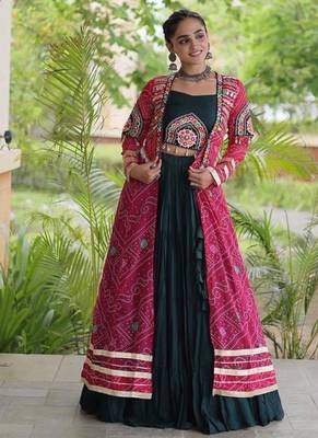 D Green Rayon Readymade Navratri Lehenga Choli with Kutchi Patchwork 1