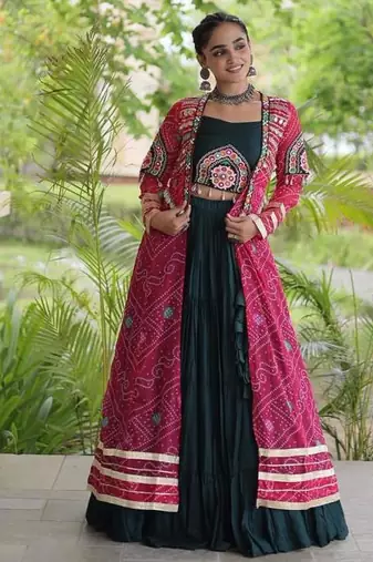 D Green Rayon Readymade Navratri Lehenga Choli with Kutchi Patchwork
