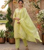 Yellow printed cotton blend stitched floral print salwar kurta dupatta for women
