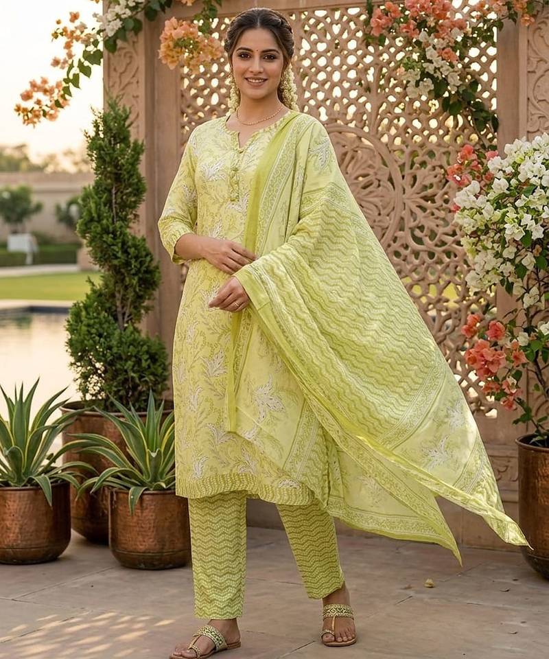 Yellow printed cotton blend stitched floral print salwar kurta dupatta for women