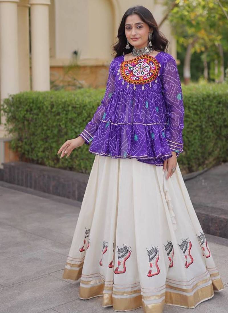 Violet&White Georgette Readymade Navratri Lehenga Choli with Kutchi Patchwork