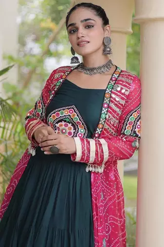 D Green Rayon Readymade Navratri Lehenga Choli with Kutchi Patchwork