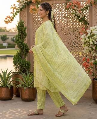 Yellow printed cotton blend stitched floral print salwar kurta dupatta for women 2