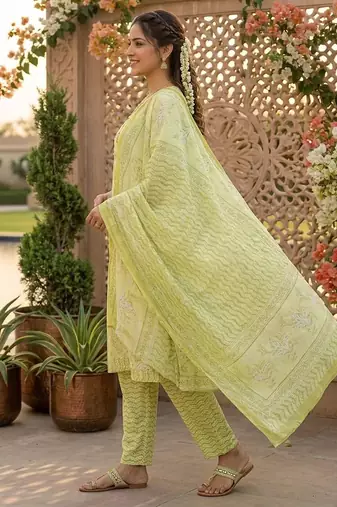 Yellow printed cotton blend stitched floral print salwar kurta dupatta for women