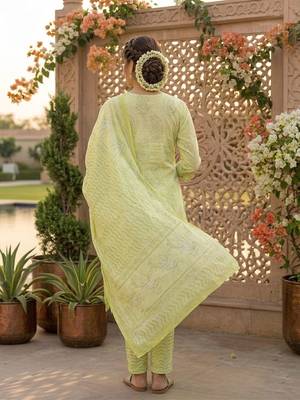 Yellow printed cotton blend stitched floral print salwar kurta dupatta for women 3
