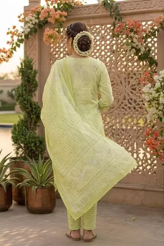 Yellow printed cotton blend stitched floral print salwar kurta dupatta for women