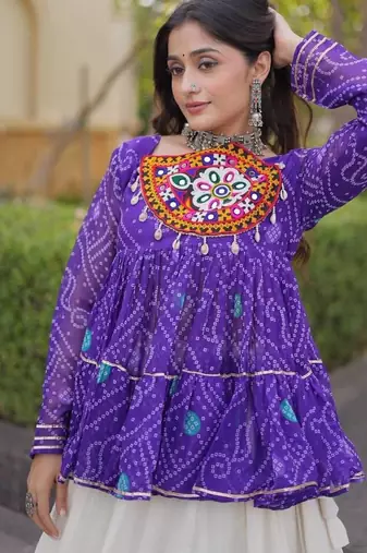 Violet&White Georgette Readymade Navratri Lehenga Choli with Kutchi Patchwork