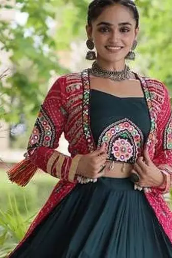 D Green Rayon Readymade Navratri Lehenga Choli with Kutchi Patchwork