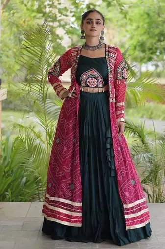 D Green Rayon Readymade Navratri Lehenga Choli with Kutchi Patchwork