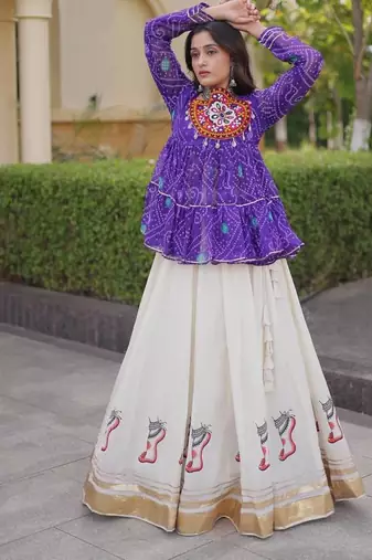 Violet&White Georgette Readymade Navratri Lehenga Choli with Kutchi Patchwork
