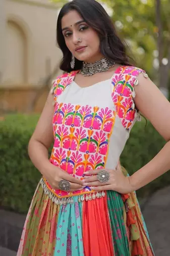 Multi Cotton Readymade Navratri Lehenga Choli with Kutchi & Embroidery Work