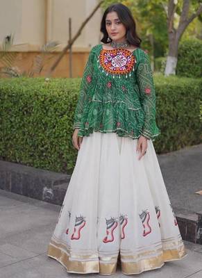 Green&White Georgette Readymade Navratri Lehenga Choli with Kutchi Patchwork 1