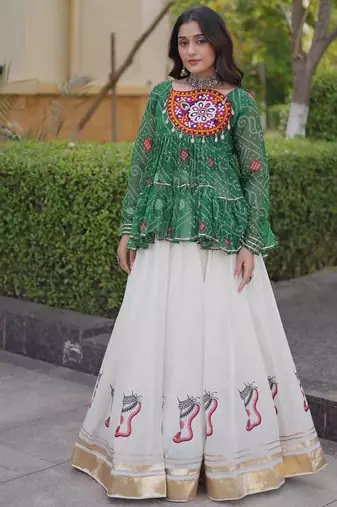 Green&White Georgette Readymade Navratri Lehenga Choli with Kutchi Patchwork