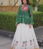Green&White Georgette Readymade Navratri Lehenga Choli with Kutchi Patchwork