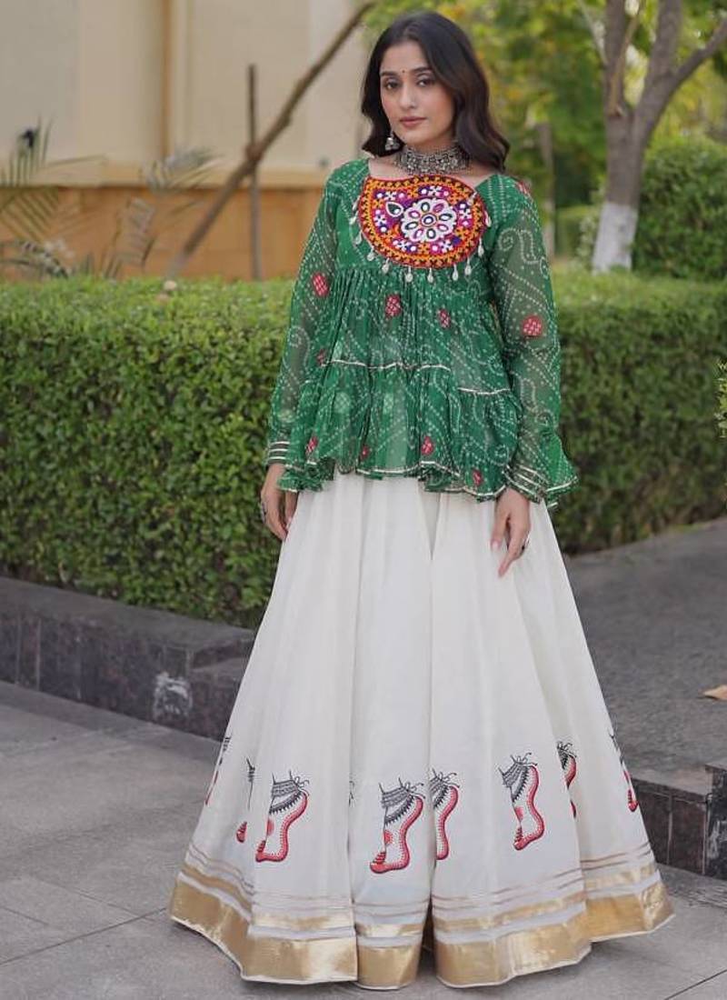 Green&White Georgette Readymade Navratri Lehenga Choli with Kutchi Patchwork
