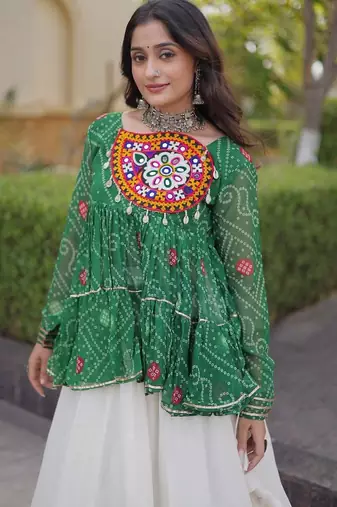 Green&White Georgette Readymade Navratri Lehenga Choli with Kutchi Patchwork