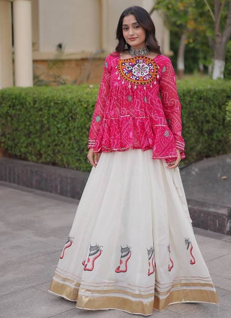 Rani&White Georgette Readymade Navratri Lehenga Choli with Kutchi Patchwork