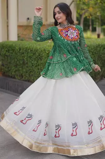 Green&White Georgette Readymade Navratri Lehenga Choli with Kutchi Patchwork