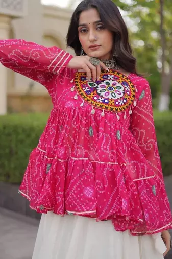 Rani&White Georgette Readymade Navratri Lehenga Choli with Kutchi Patchwork