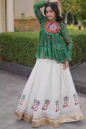 Green&White Georgette Readymade Navratri Lehenga Choli with Kutchi Patchwork