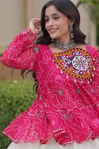 Rani&White Georgette Readymade Navratri Lehenga Choli with Kutchi Patchwork
