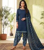 Blue printed cotton blend stitched solid print salwar kurta dupatta for women