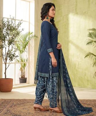 Blue printed cotton blend stitched solid print salwar kurta dupatta for women 2