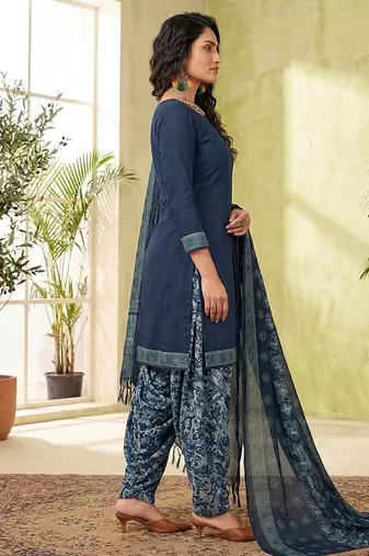 Blue printed cotton blend stitched solid print salwar kurta dupatta for women