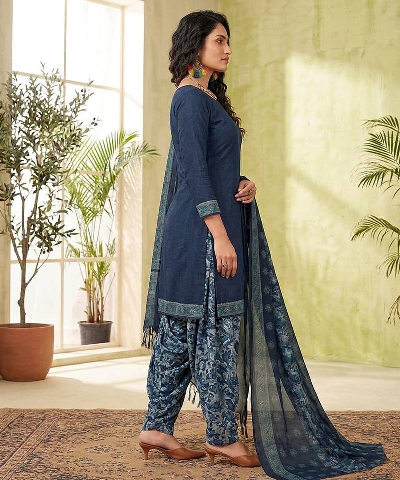 Blue printed cotton blend stitched solid print salwar kurta dupatta for women