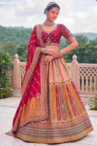 Multicolor silk blend embroidered traditional sangeet lehenga choli set