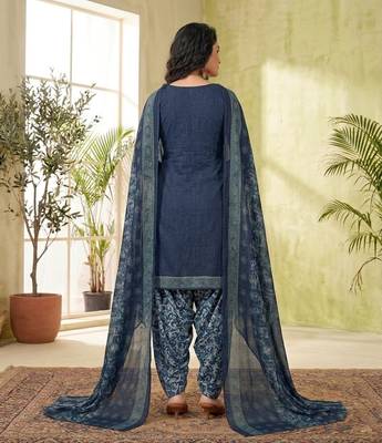 Blue printed cotton blend stitched solid print salwar kurta dupatta for women 3