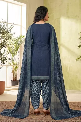 Blue printed cotton blend stitched solid print salwar kurta dupatta for women