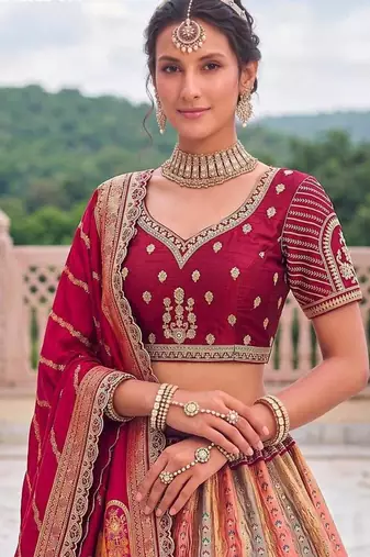 Multicolor silk blend embroidered traditional sangeet lehenga choli set