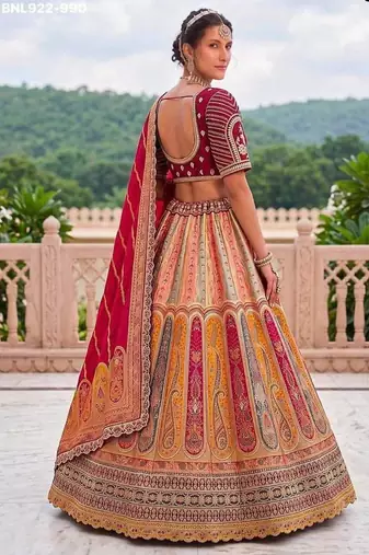 Multicolor silk blend embroidered traditional sangeet lehenga choli set