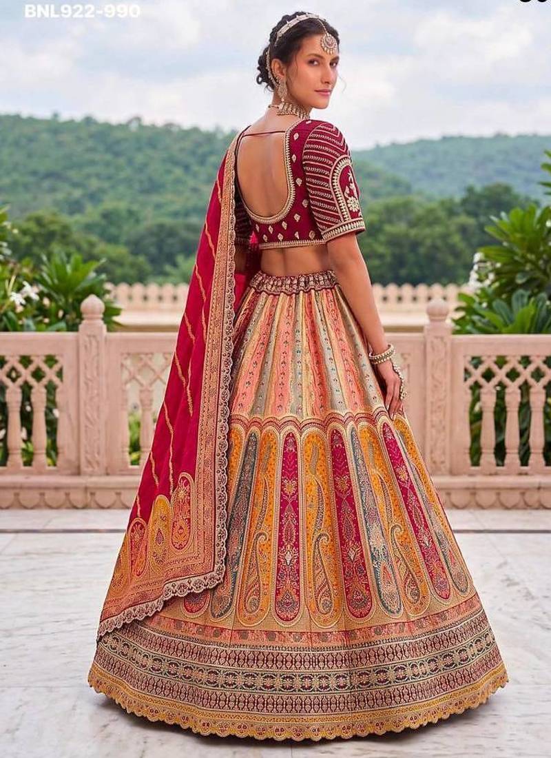Multicolor silk blend embroidered traditional sangeet lehenga choli set