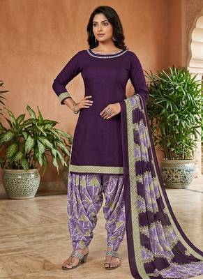 Purple printed cotton blend stitched solid print salwar kurta dupatta for women 1