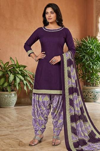 Purple printed cotton blend stitched solid print salwar kurta dupatta for women