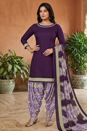 Purple printed cotton blend stitched solid print salwar kurta dupatta for women